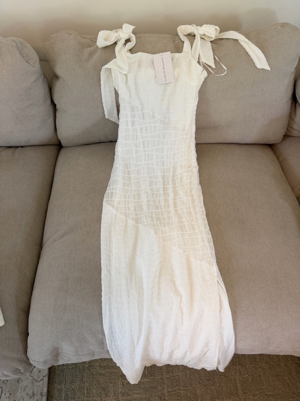 Smocked Tie-Shoulder White Dress